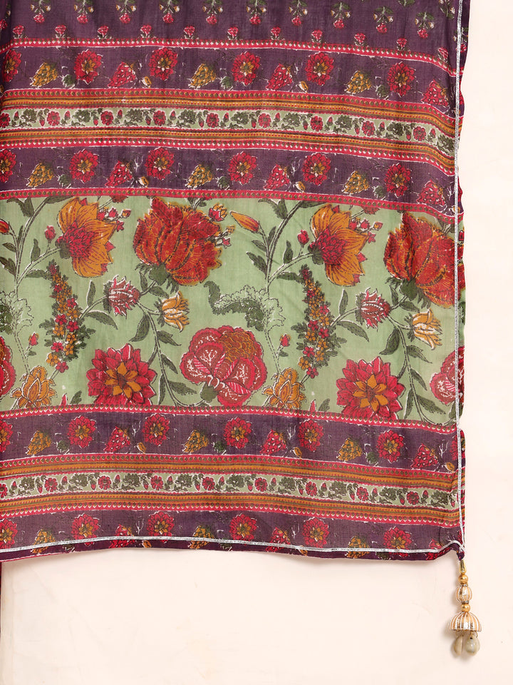 Purple Cotton Printed A Line Kurta Suit Set