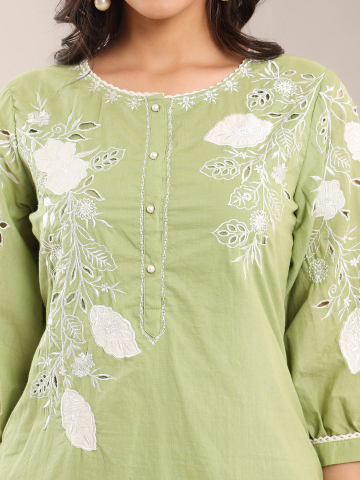 Green Cotton Applique Kurta Set With Dupatta