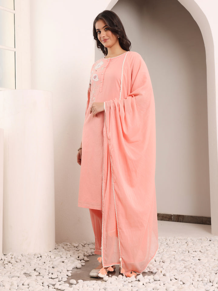 Peach Cotton Applique Kurta Pant Set With Dupatta