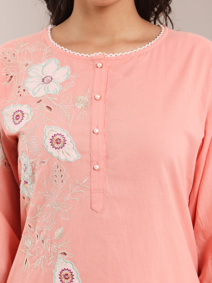 Peach Cotton Applique Kurta Pant Set With Dupatta