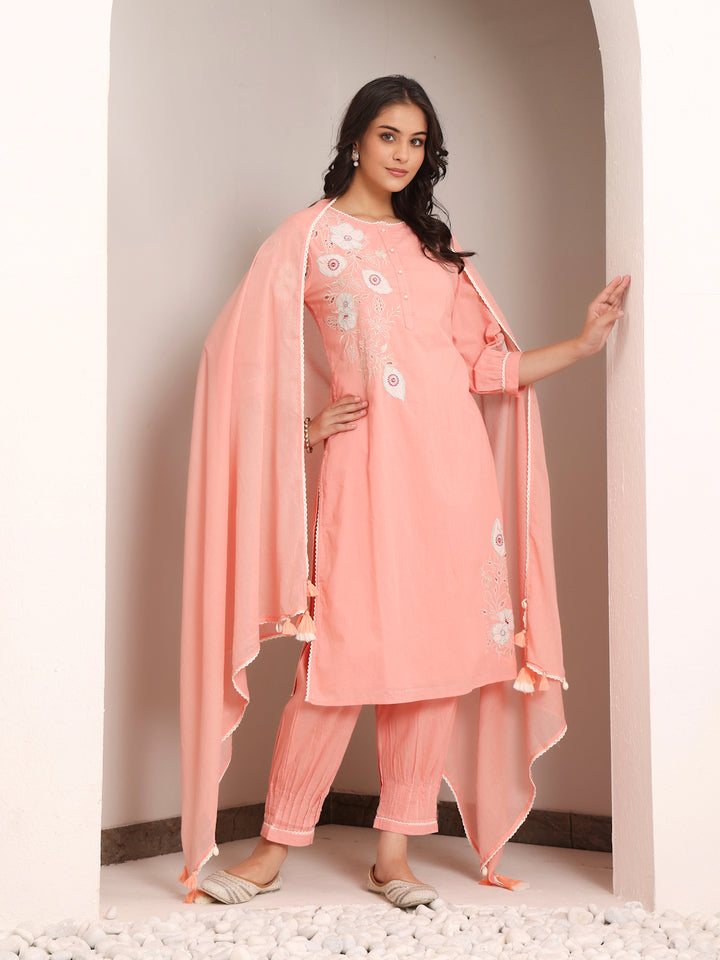 Peach Cotton Applique Kurta Pant Set With Dupatta