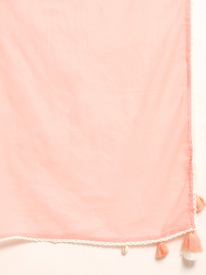 Peach Cotton Applique Kurta Pant Set With Dupatta