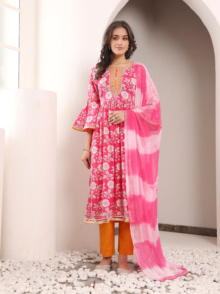Pink Cotton Embellished Kurta Pant Dupatta Set