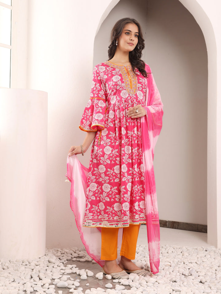 Pink Cotton Embellished Kurta Pant Dupatta Set