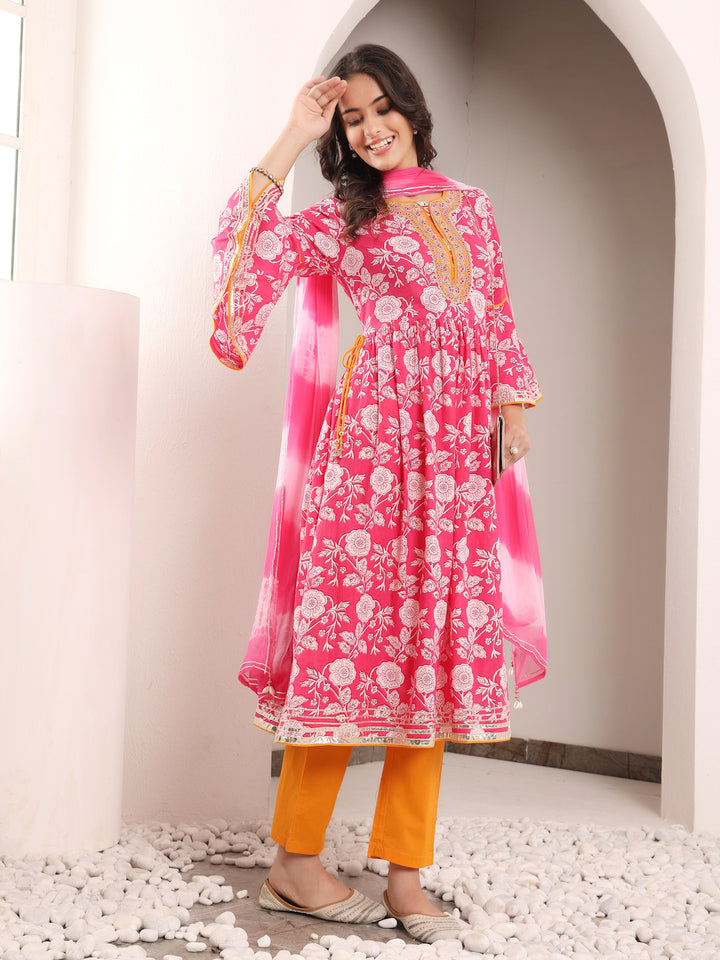 Pink Cotton Embellished Kurta Pant Dupatta Set