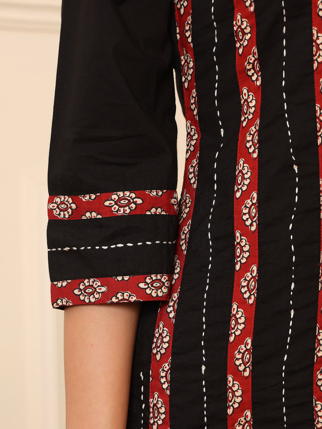 Black Cotton Detailed Straight Kurta