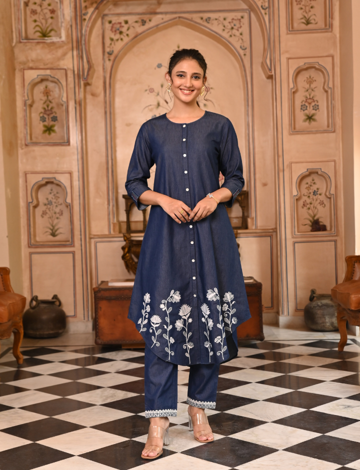 Dark Blue Denim Button Closure Designer Kurta