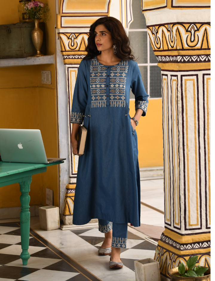 Blue Cotton Blend Embroidered Work Embroidery A-Line Kurta With Trouser