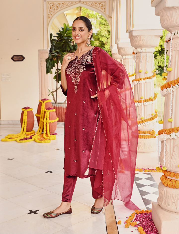 Wine Zari Embroidered Velvet Designer Straight Kurta Pant Set With Dupatta