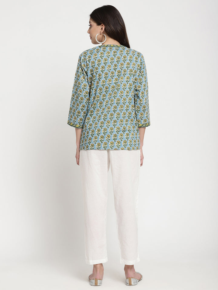 Powder Blue Cotton Printed Pintuck Tunic Top