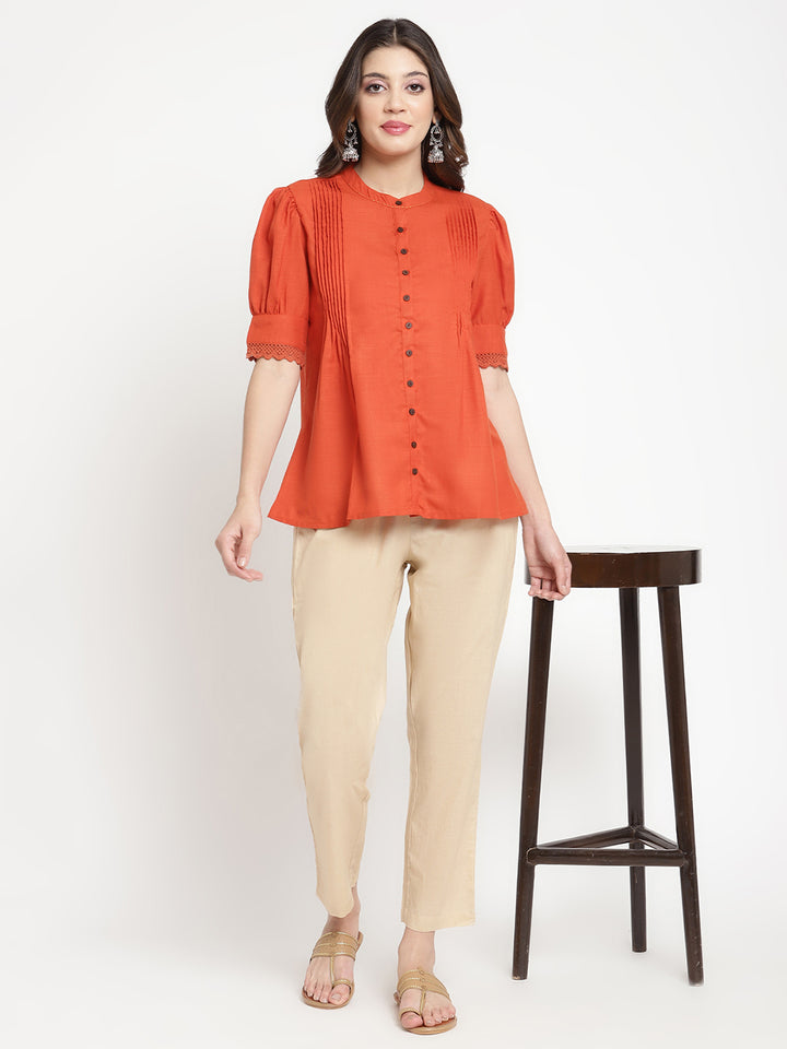 Beige cotton straight pant crafted by a homegrown brand named Savi.