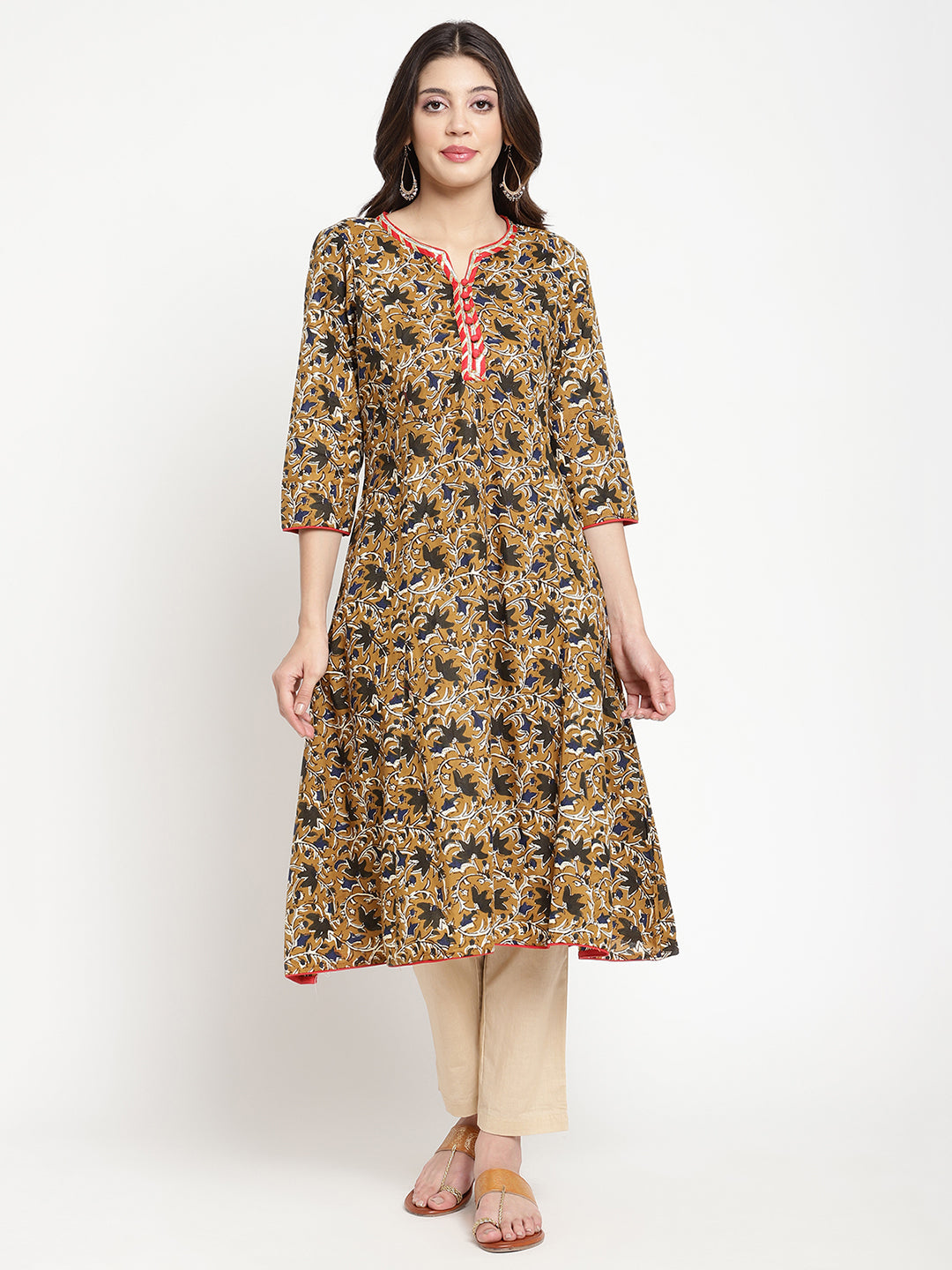 Savi model posing in Beige and Black Cotton Bagru Printed A Line Kurta