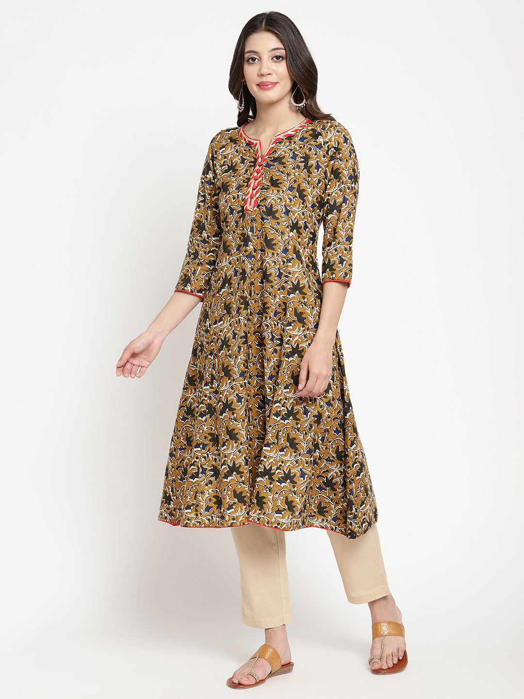 Savi model posing in Beige and Black Cotton Bagru Printed A Line Kurta