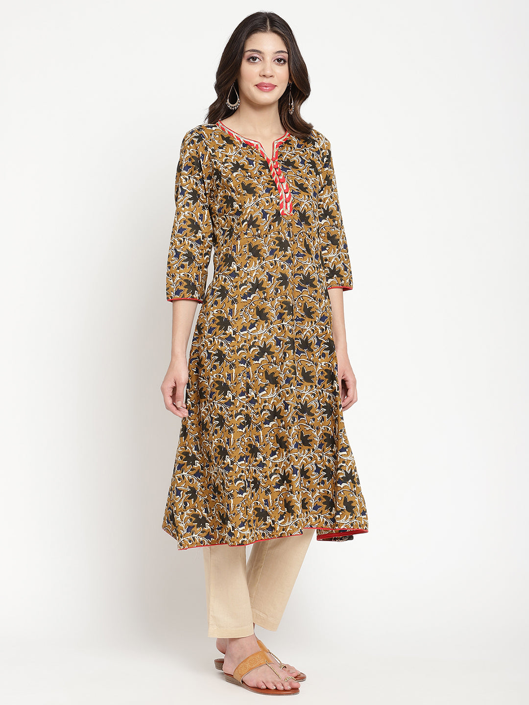 Savi model posing in Beige and Black Cotton Bagru Printed A Line Kurta