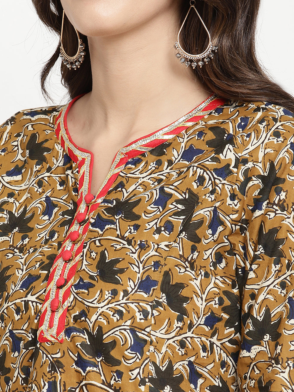 Savi model posing in Beige and Black Cotton Bagru Printed A Line Kurta