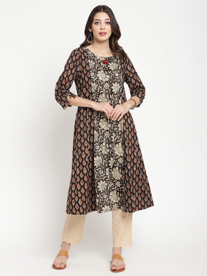 Woman posing in Beige and Black Cotton Printed A Line Kurta Dress