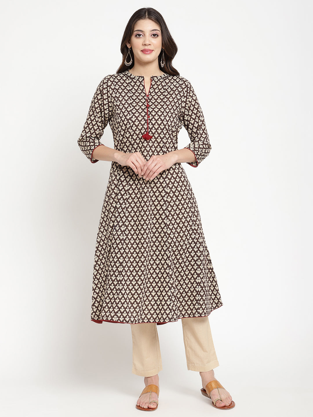 Multicolor Cotton Printed Flared Kurta showcased in a full length picture by Savi model.