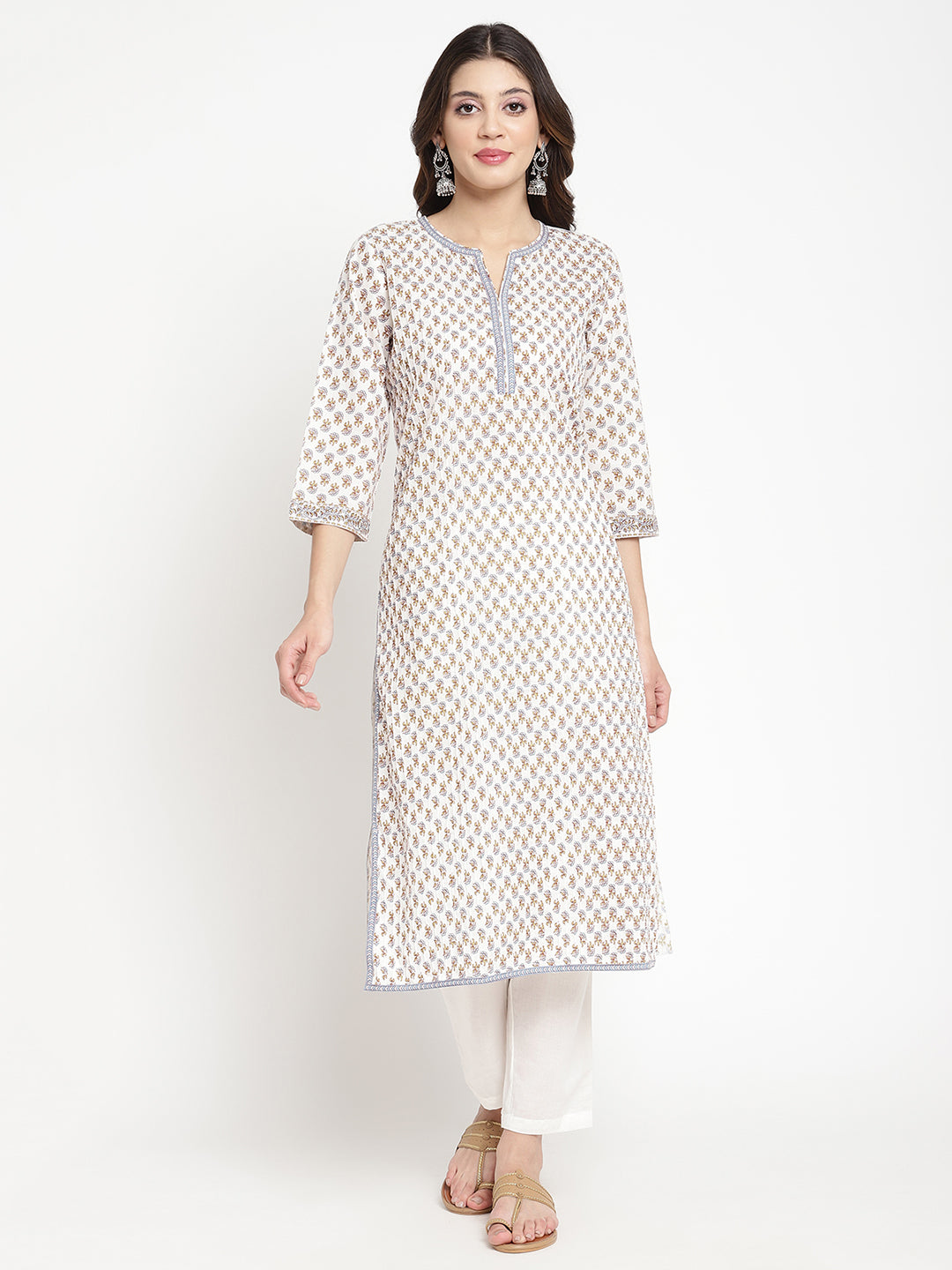 Full shot of a woman wearing Savi’s Blue And White Cotton Printed Straight Kurta.
