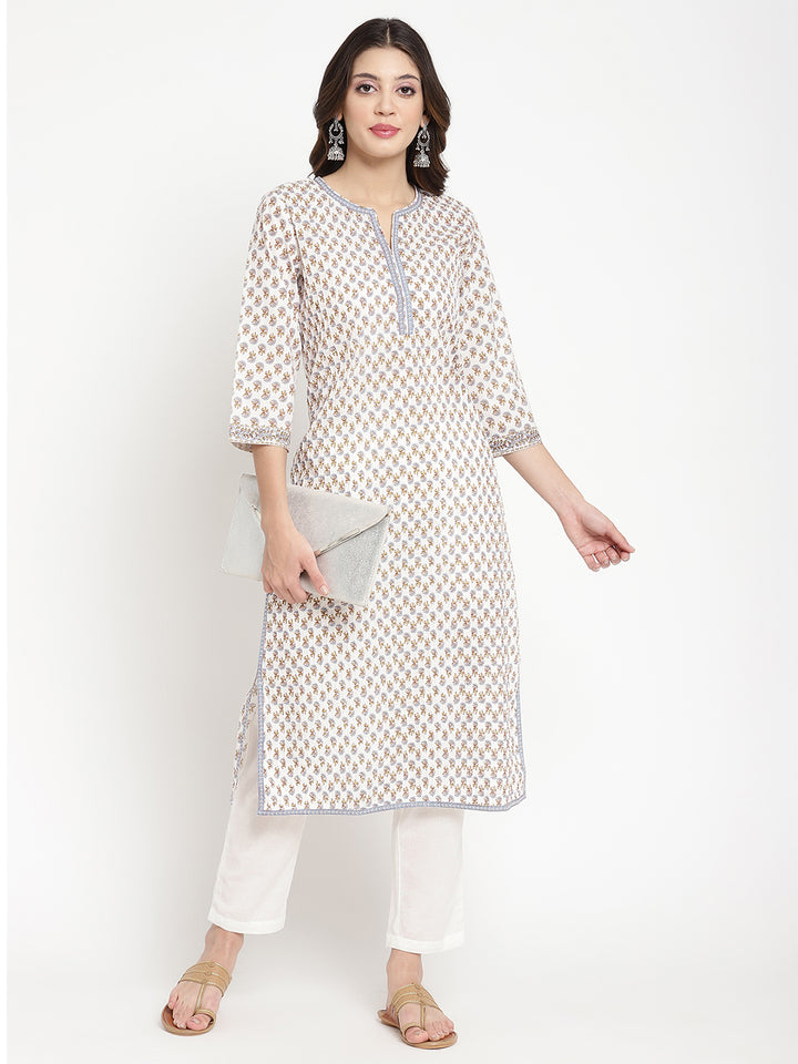 Full shot of a woman wearing Savi’s Blue And White Cotton Printed Straight Kurta.