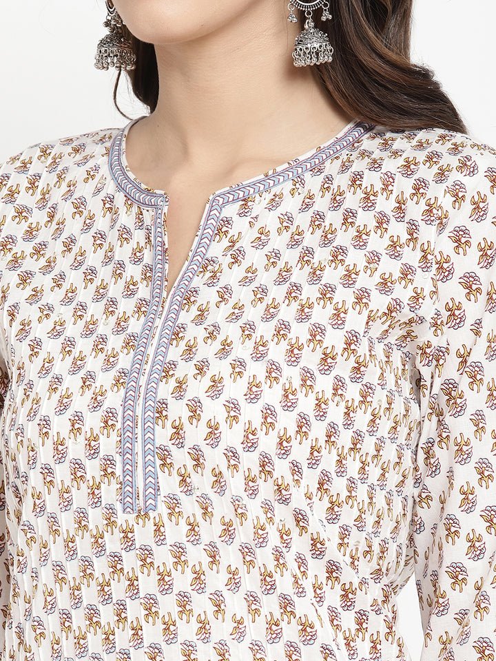 Full shot of a woman wearing Savi’s Blue And White Cotton Printed Straight Kurta.