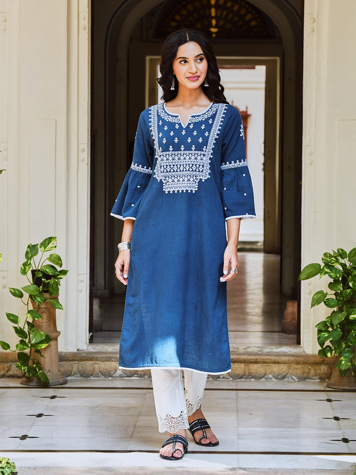 Blue Cotton Embroidered Straight Kurta