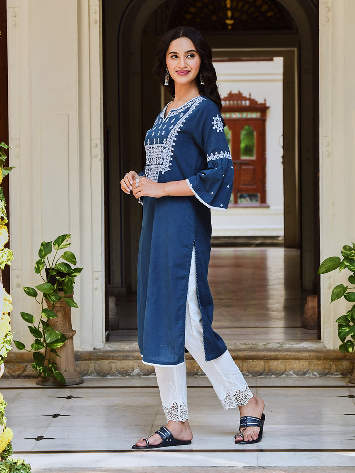 Blue Cotton Embroidered Straight Kurta