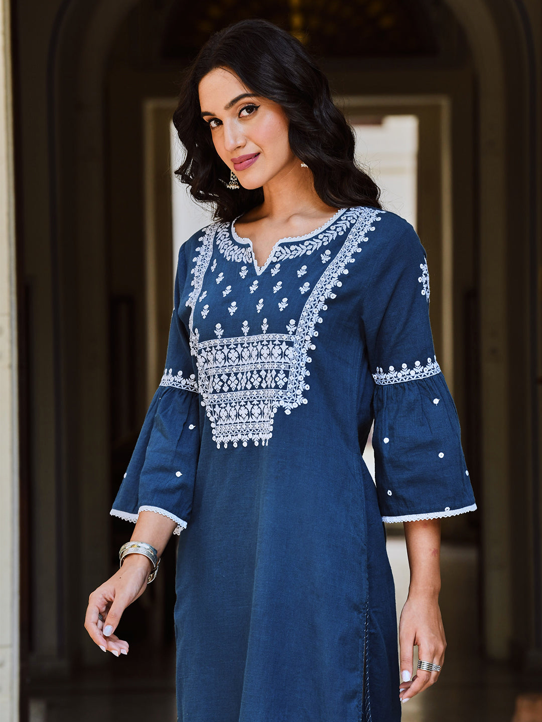 Blue Cotton Embroidered Straight Kurta