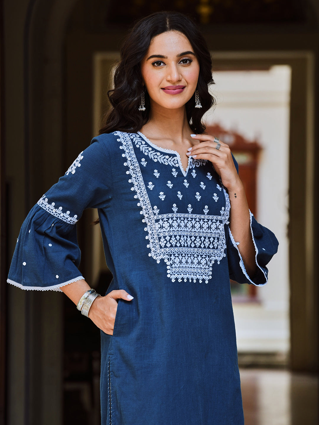 Blue Cotton Embroidered Straight Kurta