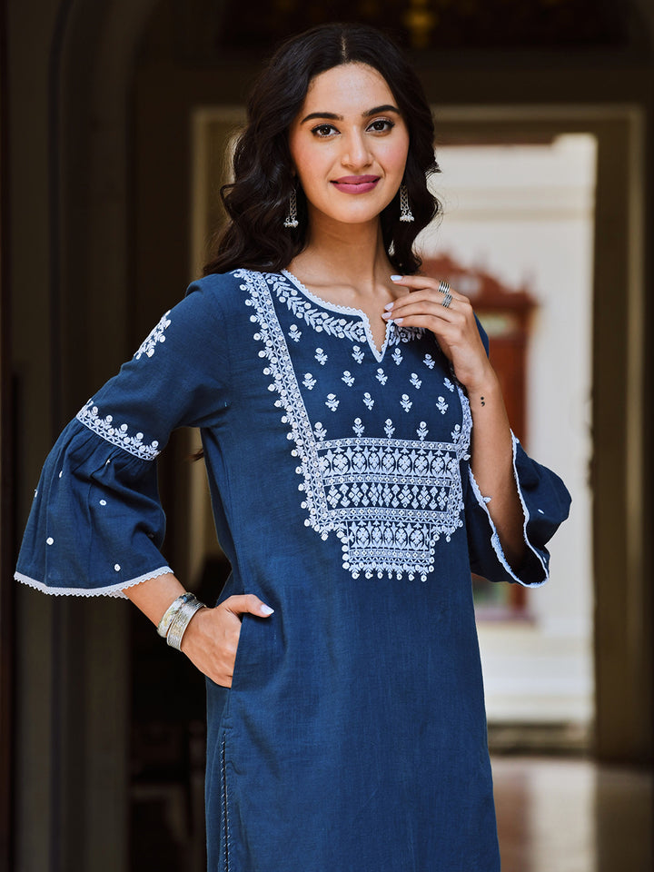 Blue Cotton Embroidered Straight Kurta