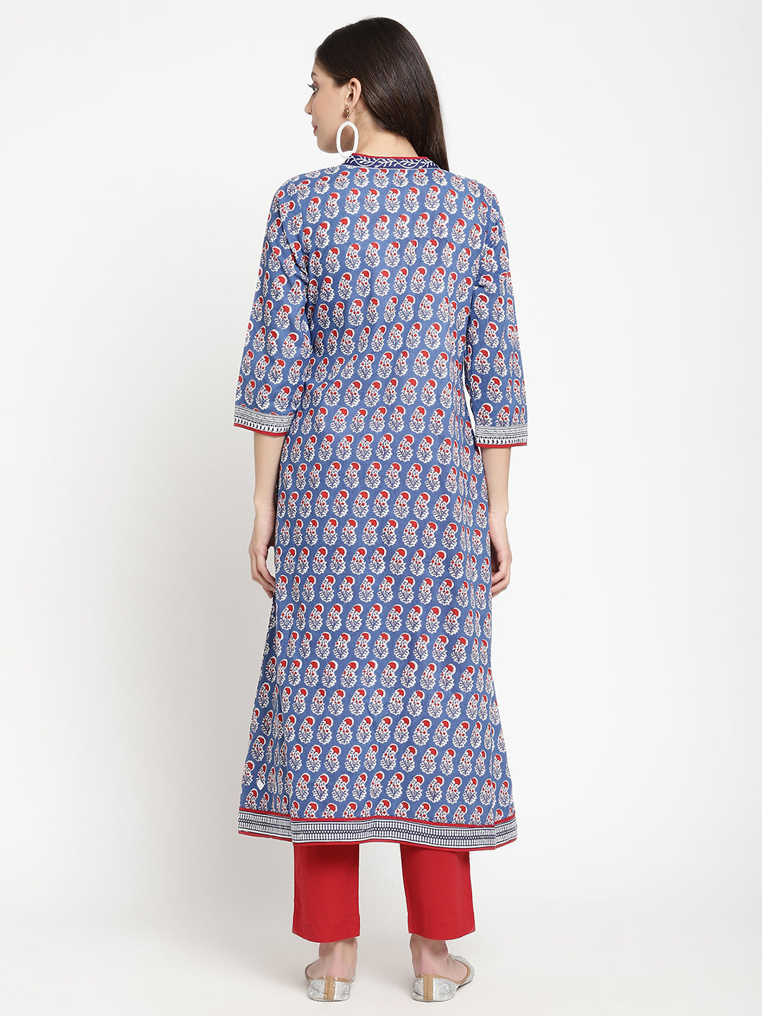 Savi model posing in a blue cotton Angrakha Anarkali Kurta.