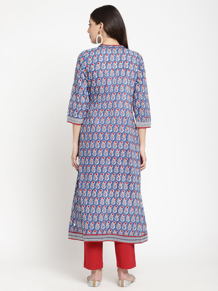 Savi model posing in a blue cotton Angrakha Anarkali Kurta.