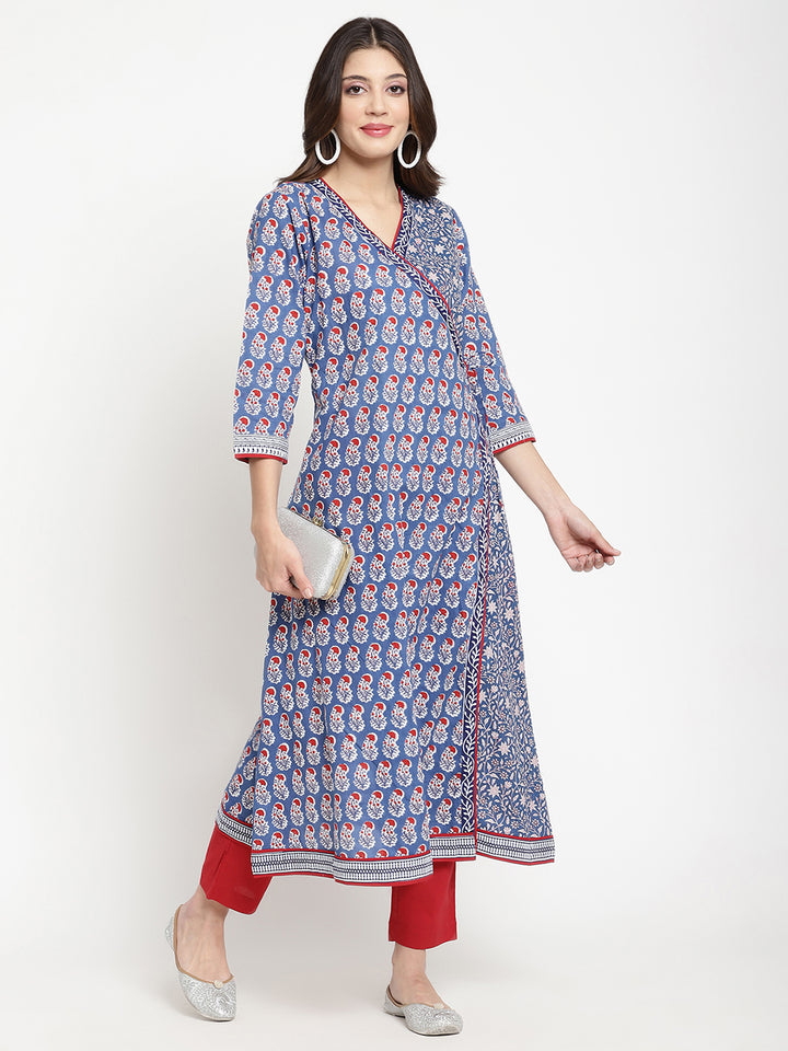 Savi model posing in a blue cotton Angrakha Anarkali Kurta.