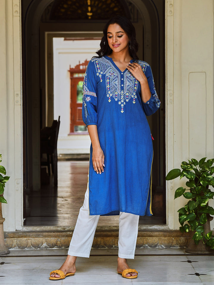Blue Embroidered Designer Straight Kurta
