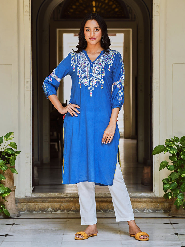 Blue Embroidered Designer Straight Kurta
