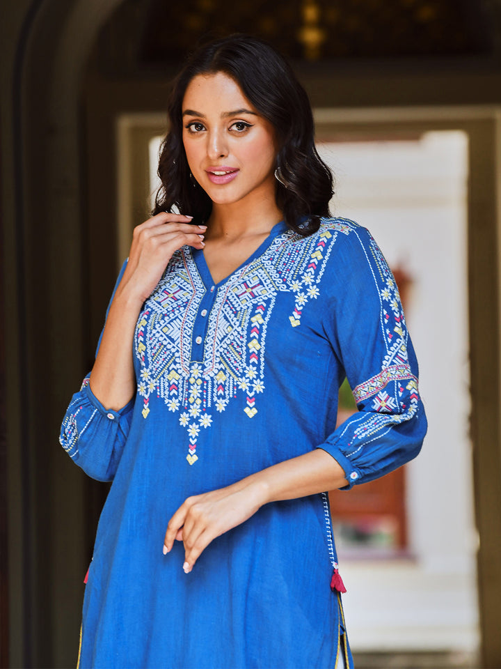 Blue Embroidered Designer Straight Kurta
