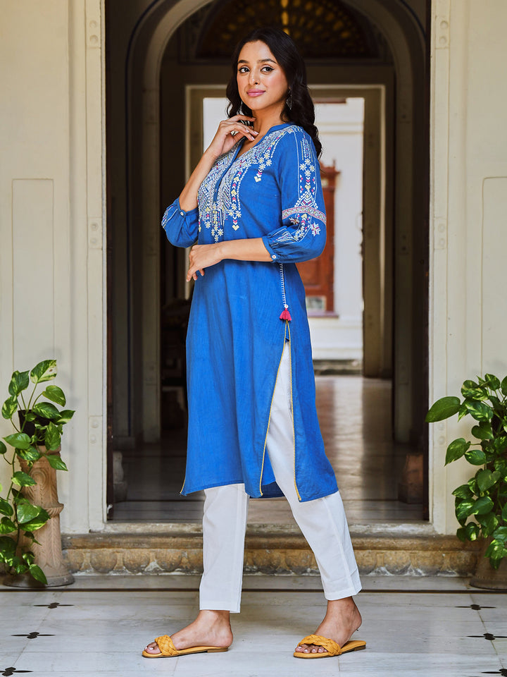 Blue Embroidered Designer Straight Kurta
