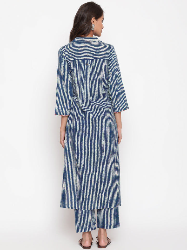 Indigo Printed Cotton Shirt Collar Kurta Pant Set