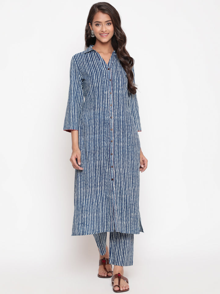 Indigo Printed Cotton Shirt Collar Kurta Pant Set