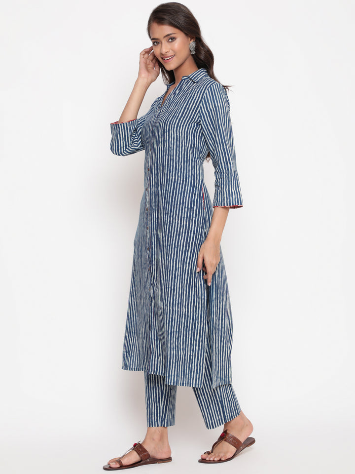 Indigo Printed Cotton Shirt Collar Kurta Pant Set