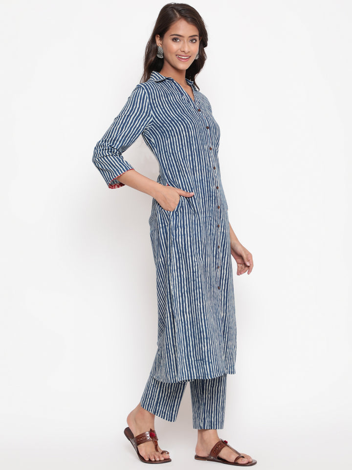 Indigo Printed Cotton Shirt Collar Kurta Pant Set