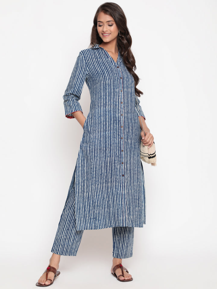 Indigo Printed Cotton Shirt Collar Kurta Pant Set