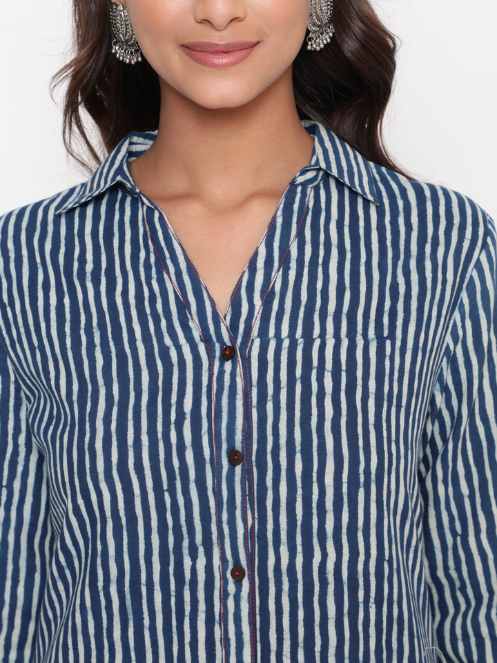 Indigo Printed Cotton Shirt Collar Kurta Pant Set