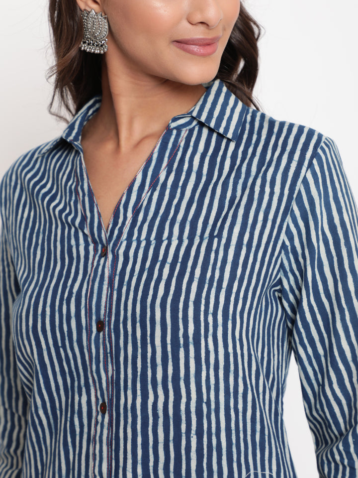 Indigo Printed Cotton Shirt Collar Kurta Pant Set