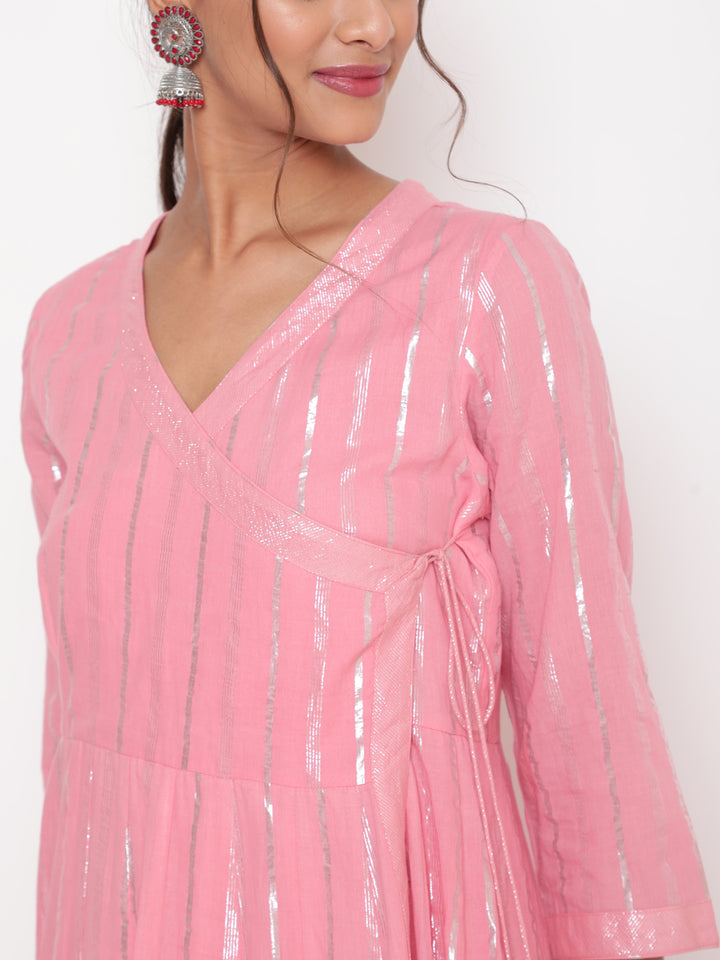 Woman posing in Savi’s Cotton Lurex Angrakha kurta With Detailed Dupatta