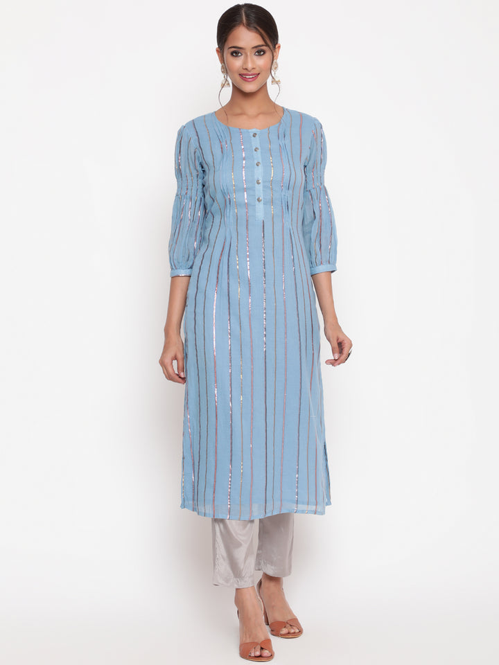 Woman posing in Powder Blue Cotton Lurex Straight Kurta