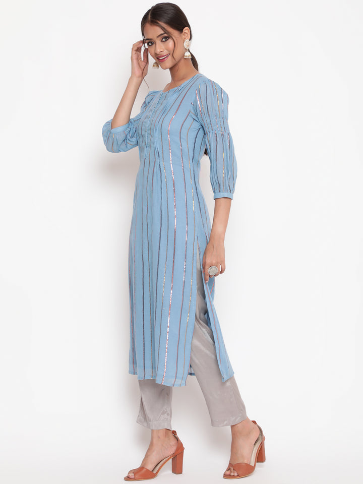 Woman posing in Powder Blue Cotton Lurex Straight Kurta