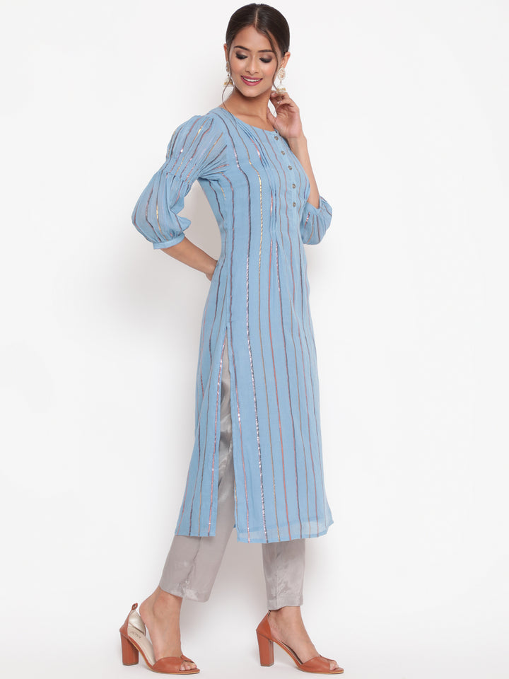 Woman posing in Powder Blue Cotton Lurex Straight Kurta