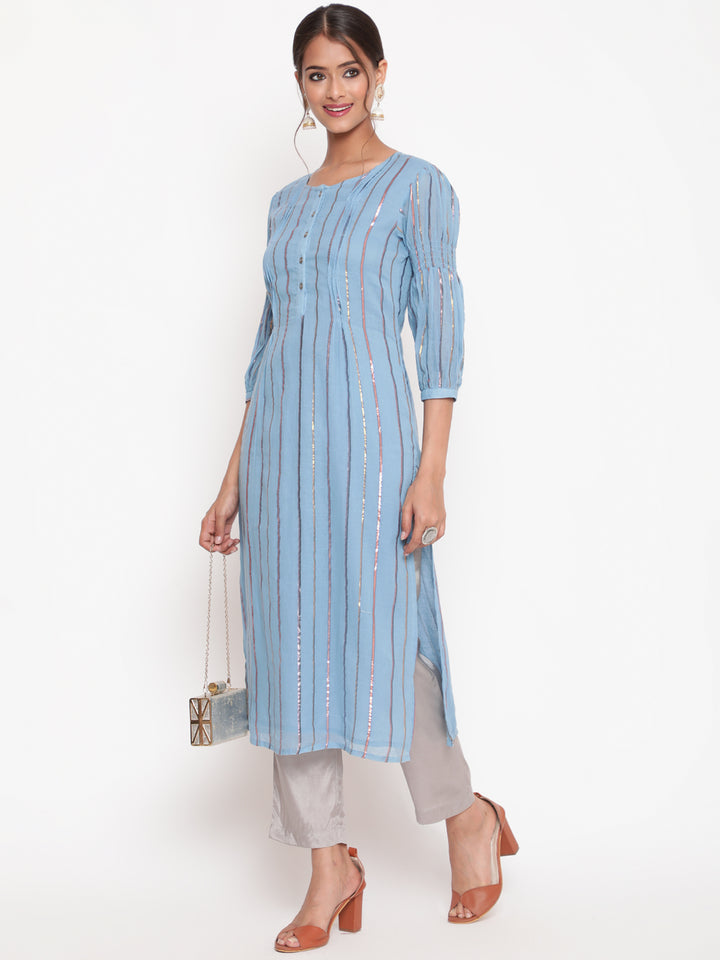 Woman posing in Powder Blue Cotton Lurex Straight Kurta