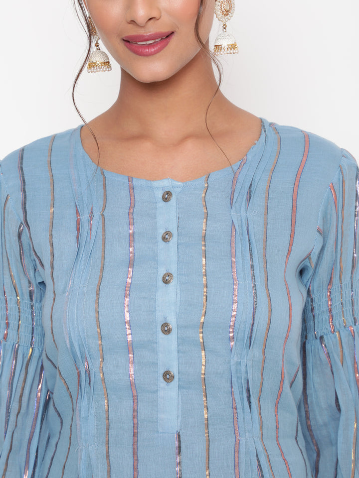 Woman posing in Powder Blue Cotton Lurex Straight Kurta