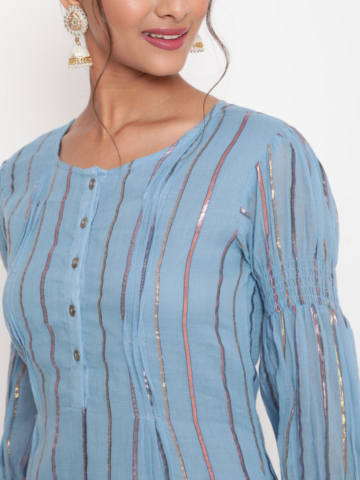 Woman posing in Powder Blue Cotton Lurex Straight Kurta